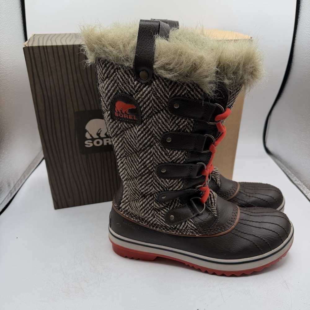 Sorel Tofino Chevron Boots Womens Sz 8 Brown Lace Up Waterproof Lined NL2190-231